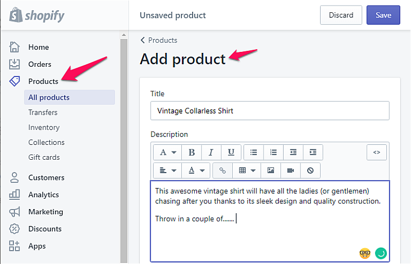 Add product shopify