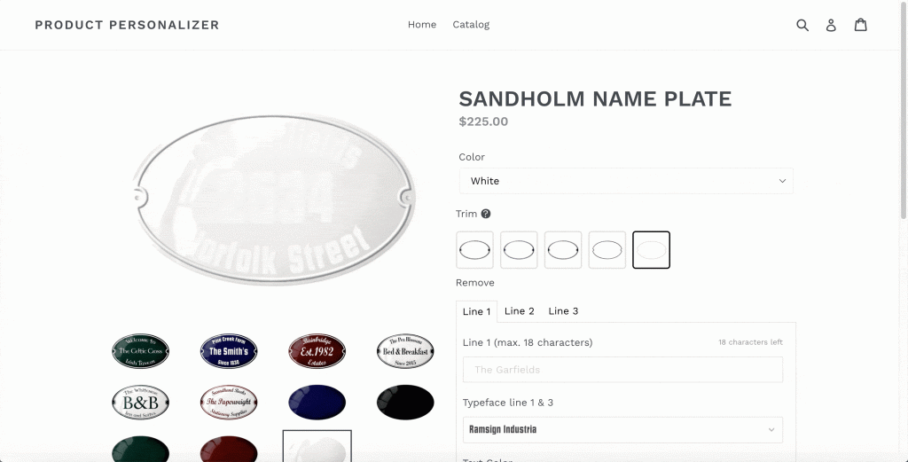 Example of size attributes from Product Personalizer store
