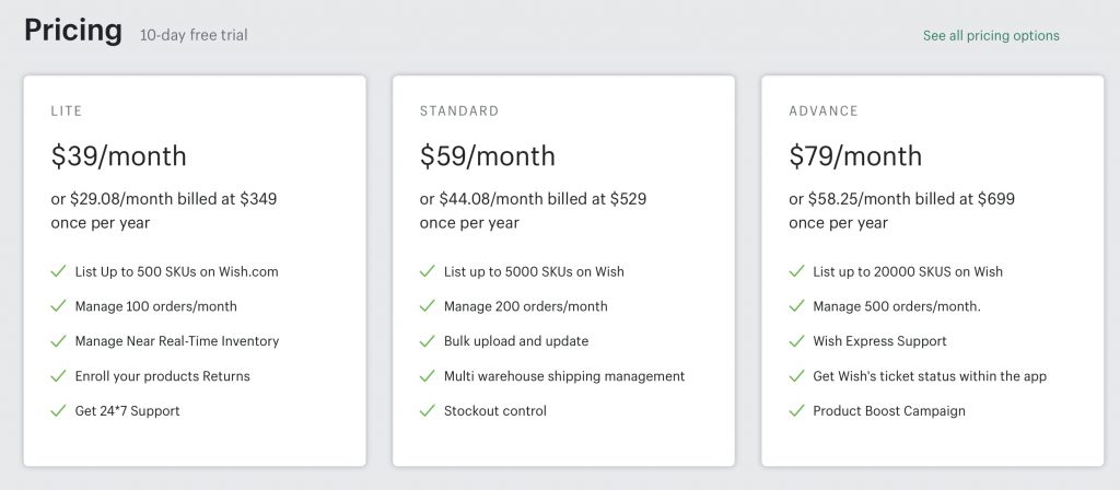 Shopify Wish app pricing