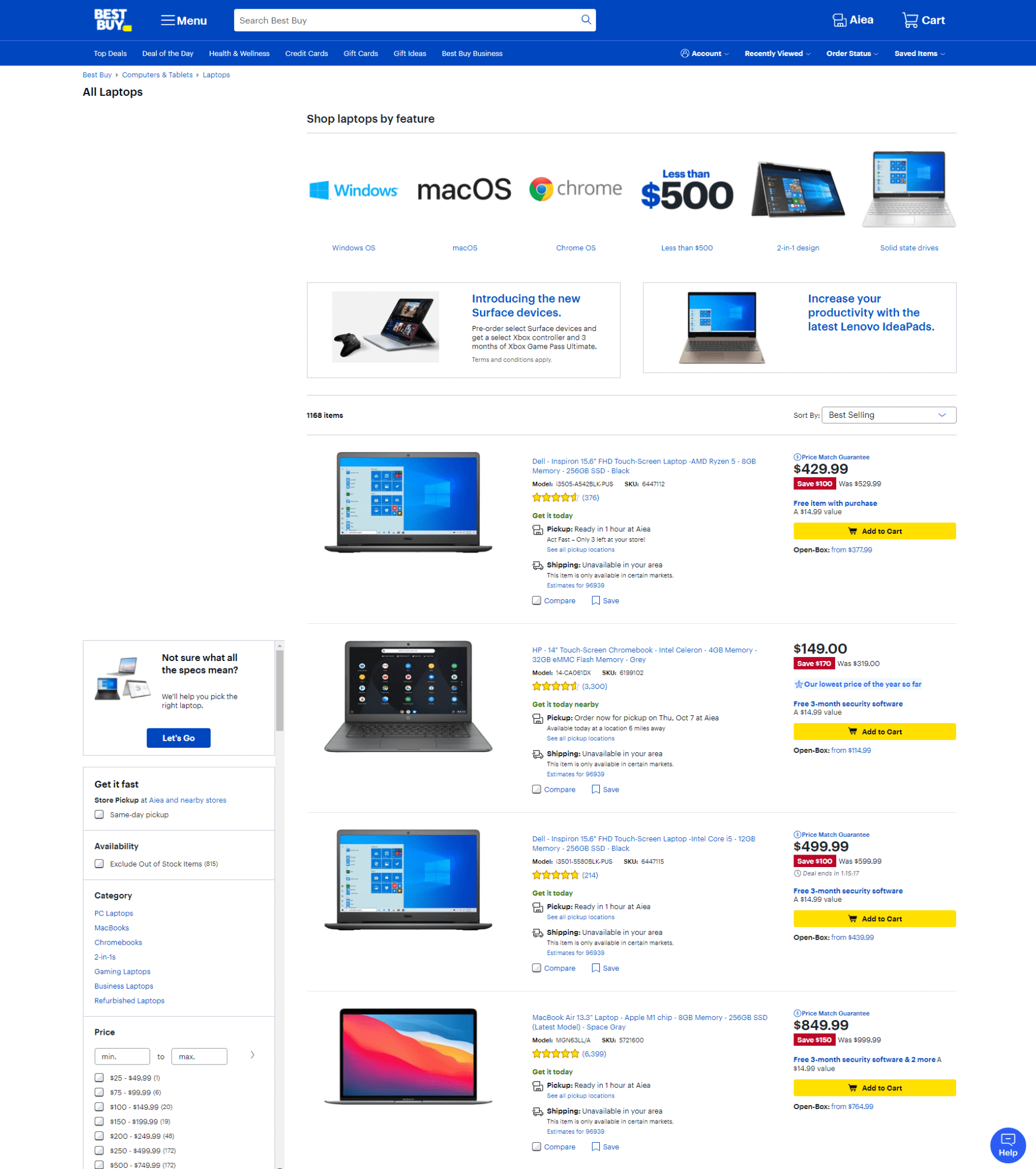 Best Buy showcasing its laptop collection in List view