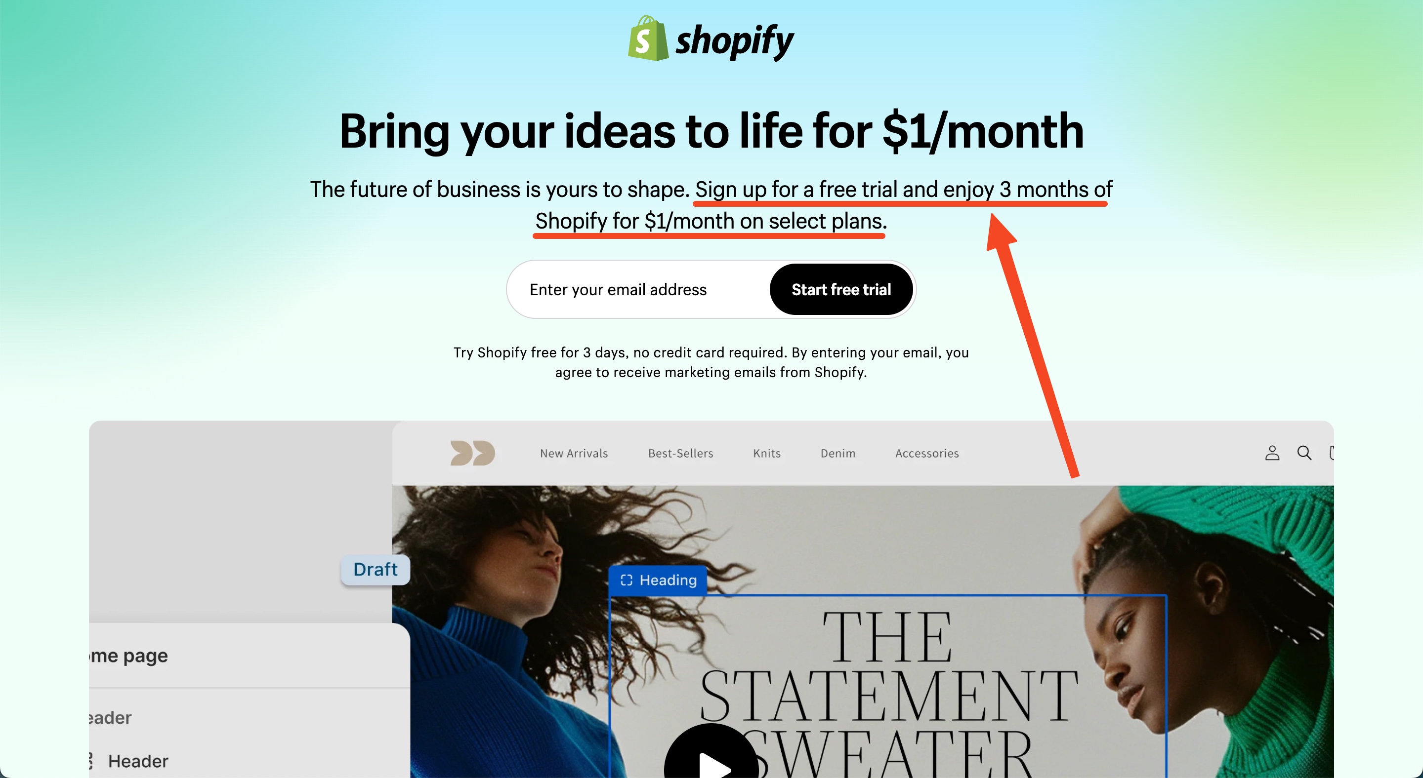 shopify 1 dollar 3 months